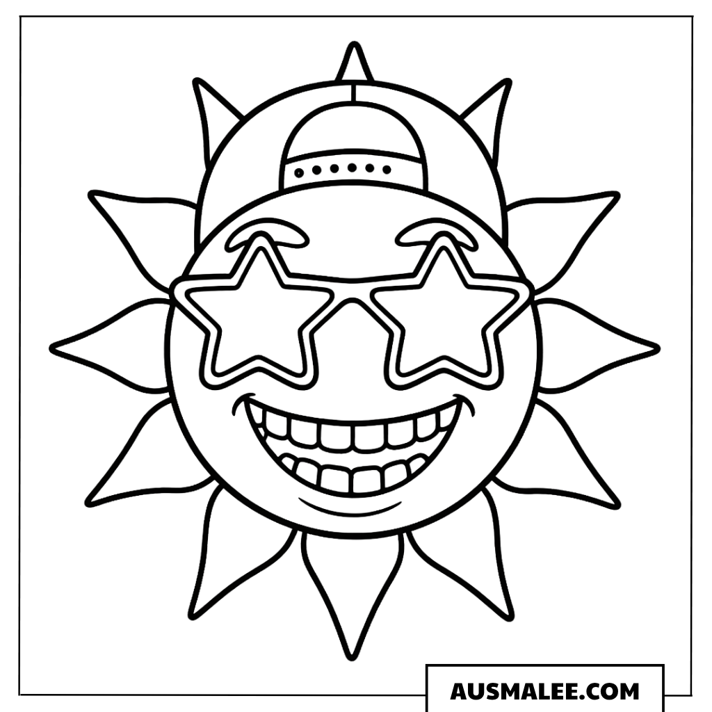 Ausmalbild Lustige Sonne mit Sternenbrille und Baseball-Cap