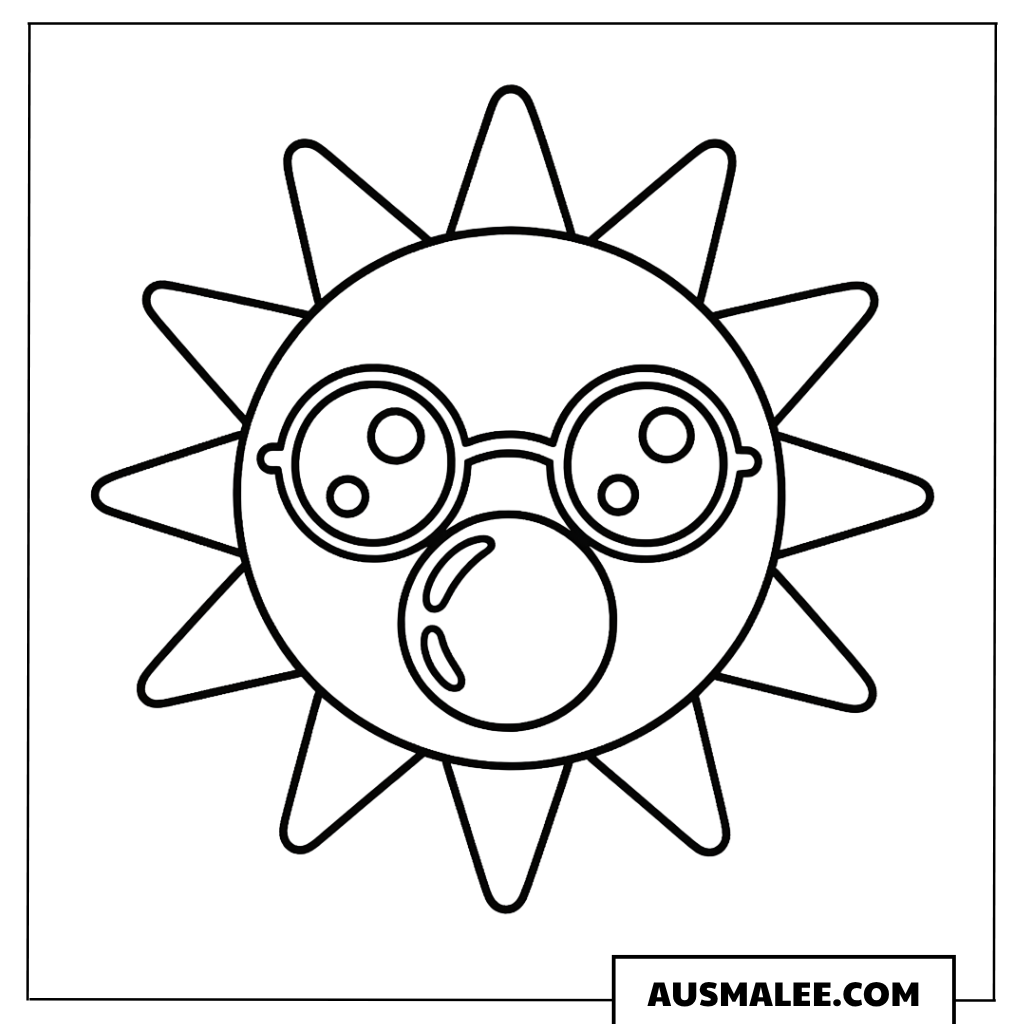 Ausmalbild Lustige Sonne mit runder Brille und herausgestreckter Zunge