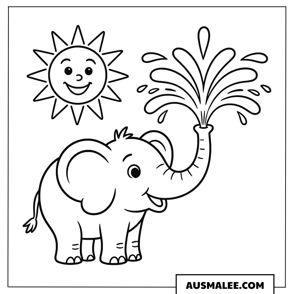 Ausmalbild Lustige lachende Sonne mit Elefant