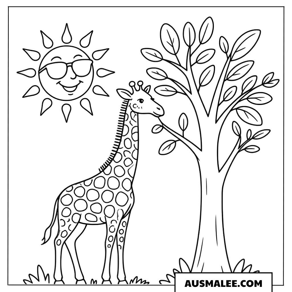 Ausmalbild Lustige lachende Sonne mit Giraffe