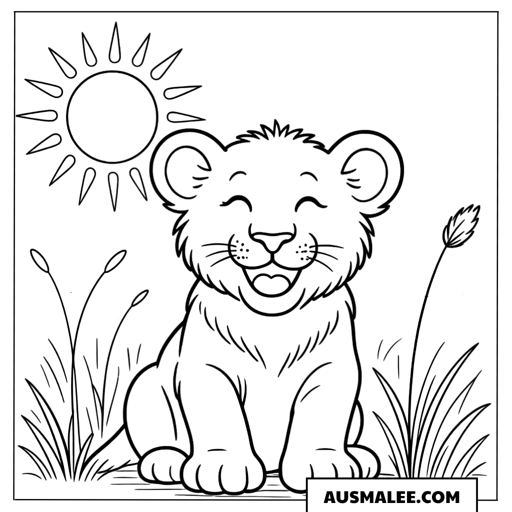 Ausmalbild Lustige lachende Sonne mit Löwe