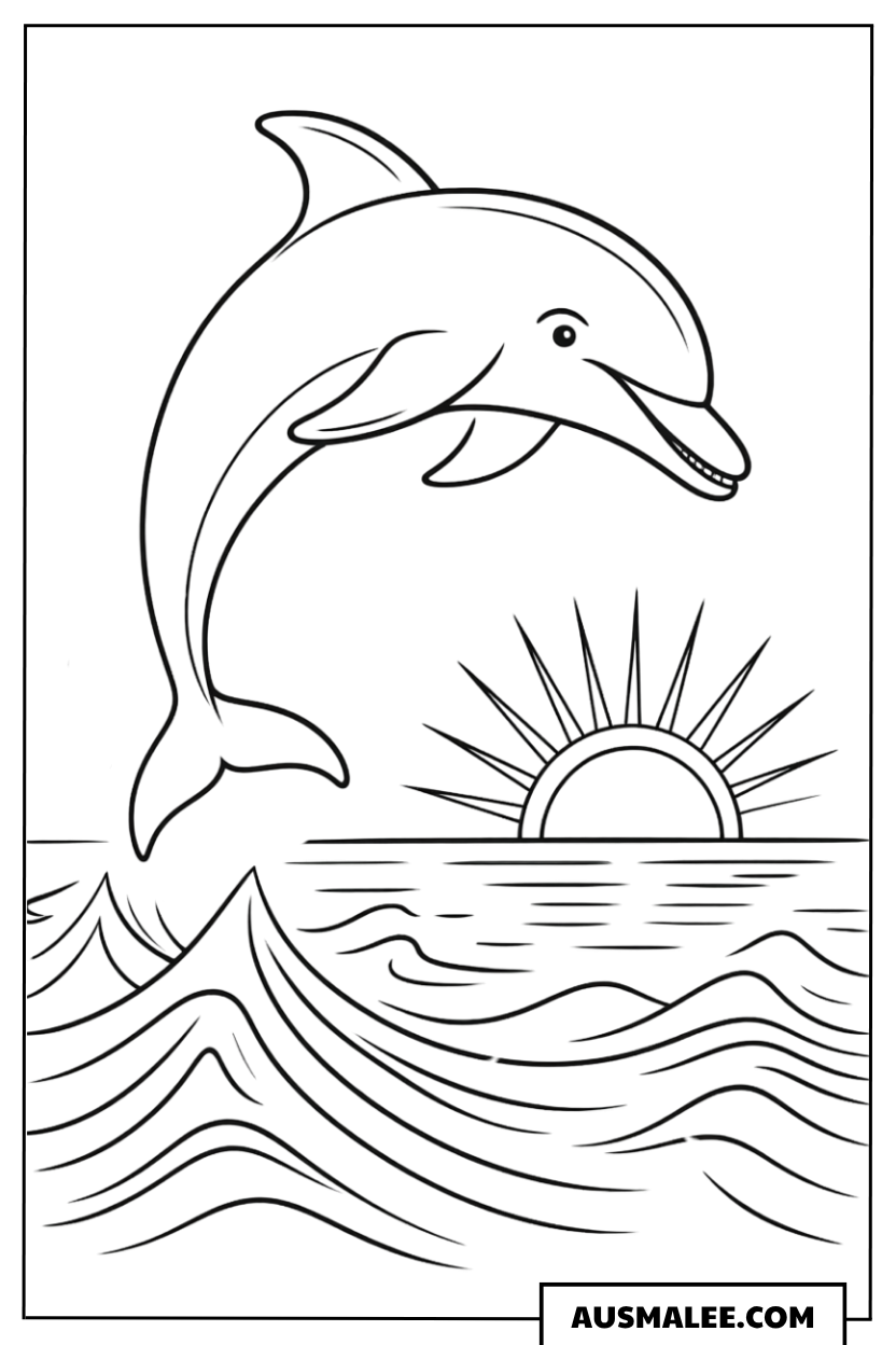 Ausmalbild Meeresbewohner und die glitzernde Sonne mit Delfin