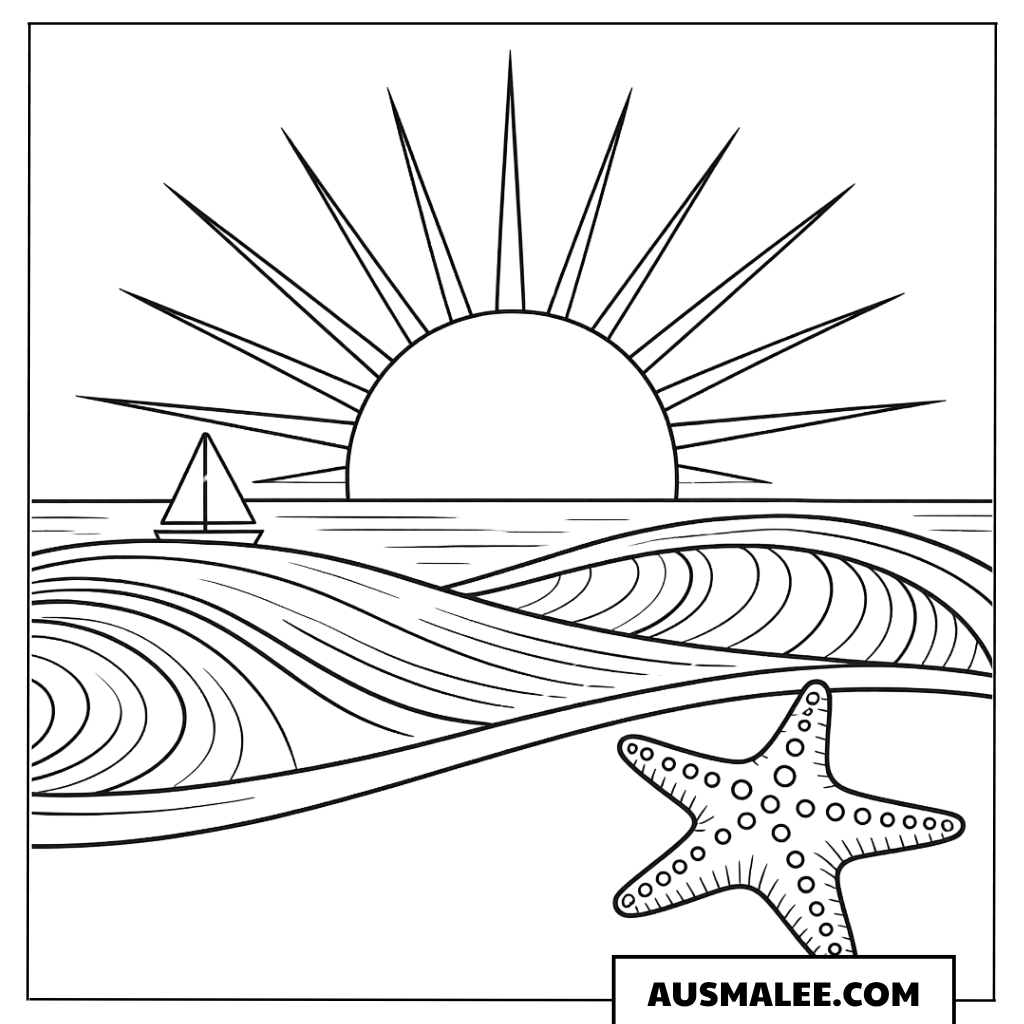 Ausmalbild Meereswellen mit Seestern und Sonne