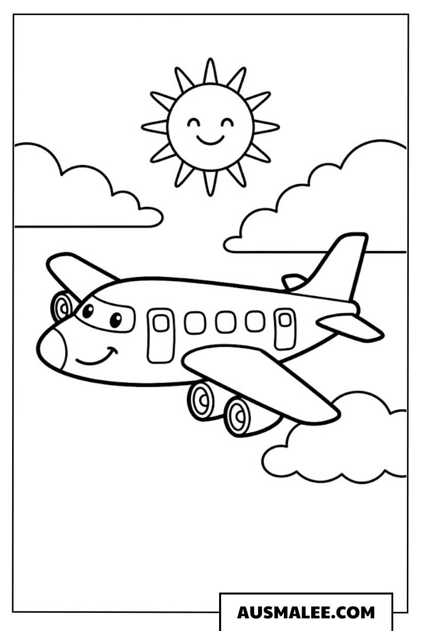 Ausmalbild Niedliches Flugzeug mit Sonne