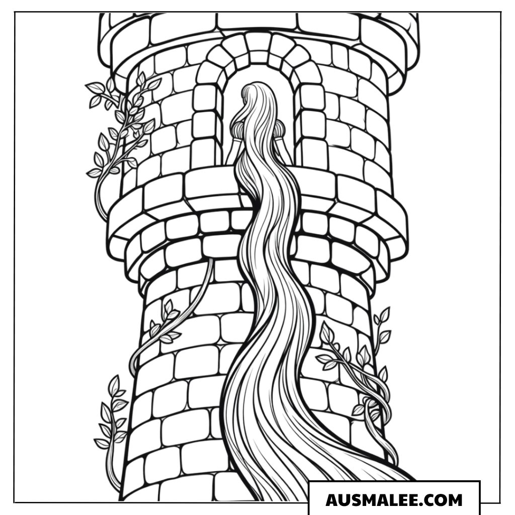 Ausmalbild Rapunzel Haar hängt am Turm herunter