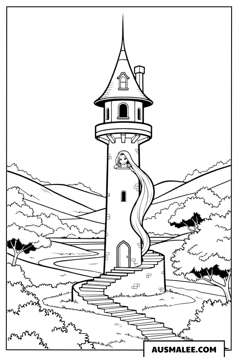 Ausmalbild Rapunzel Turm in der Landschaft