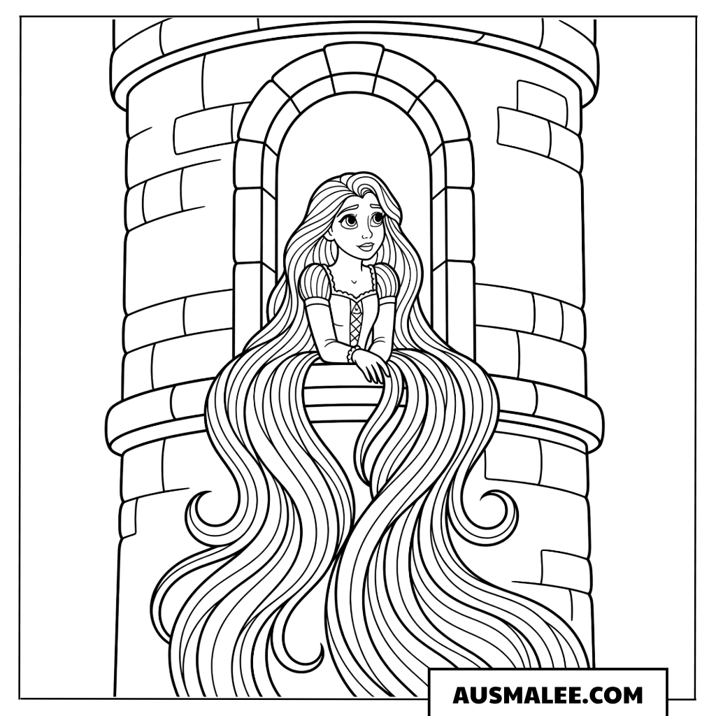 Ausmalbild Rapunzel am Turmfenster