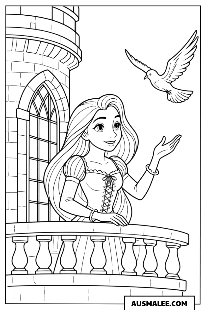 Ausmalbild Rapunzel am Turmfenster mit Taube