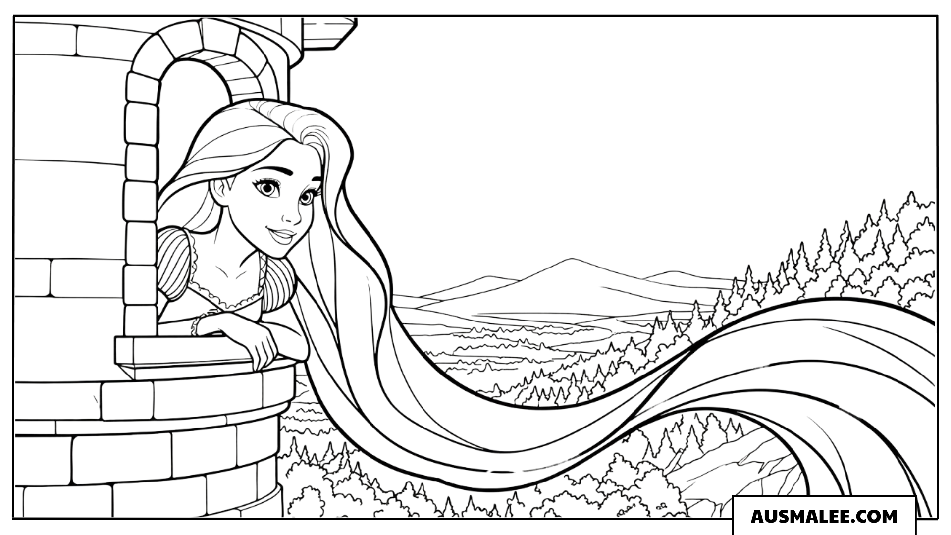 Ausmalbild Rapunzel am Turmfenster mit langem Haar