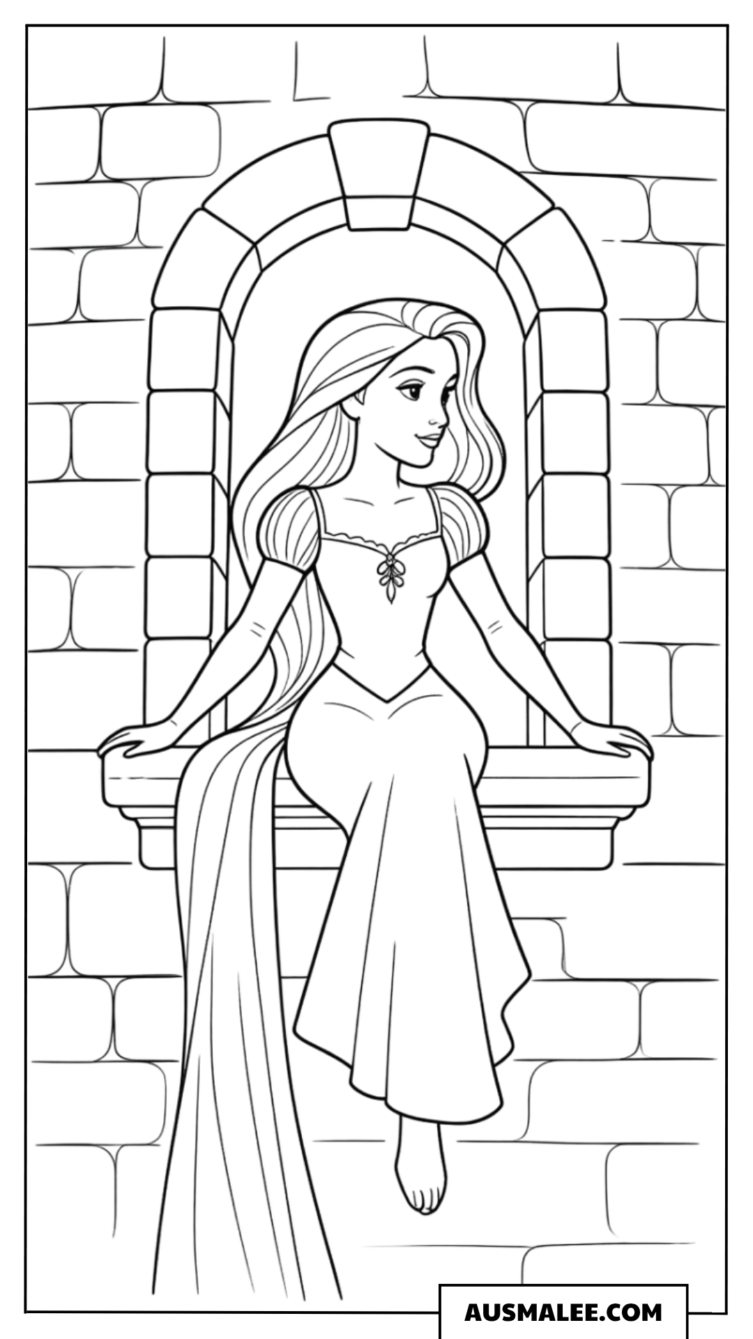 Ausmalbild Rapunzel am Turmfenster