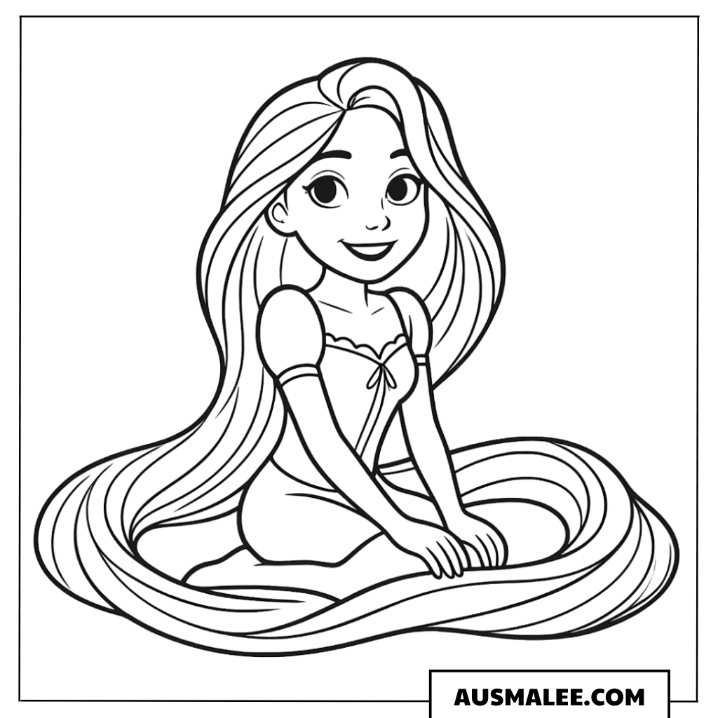 Ausmalbild Rapunzel auf ihrem langen Haar sitzend