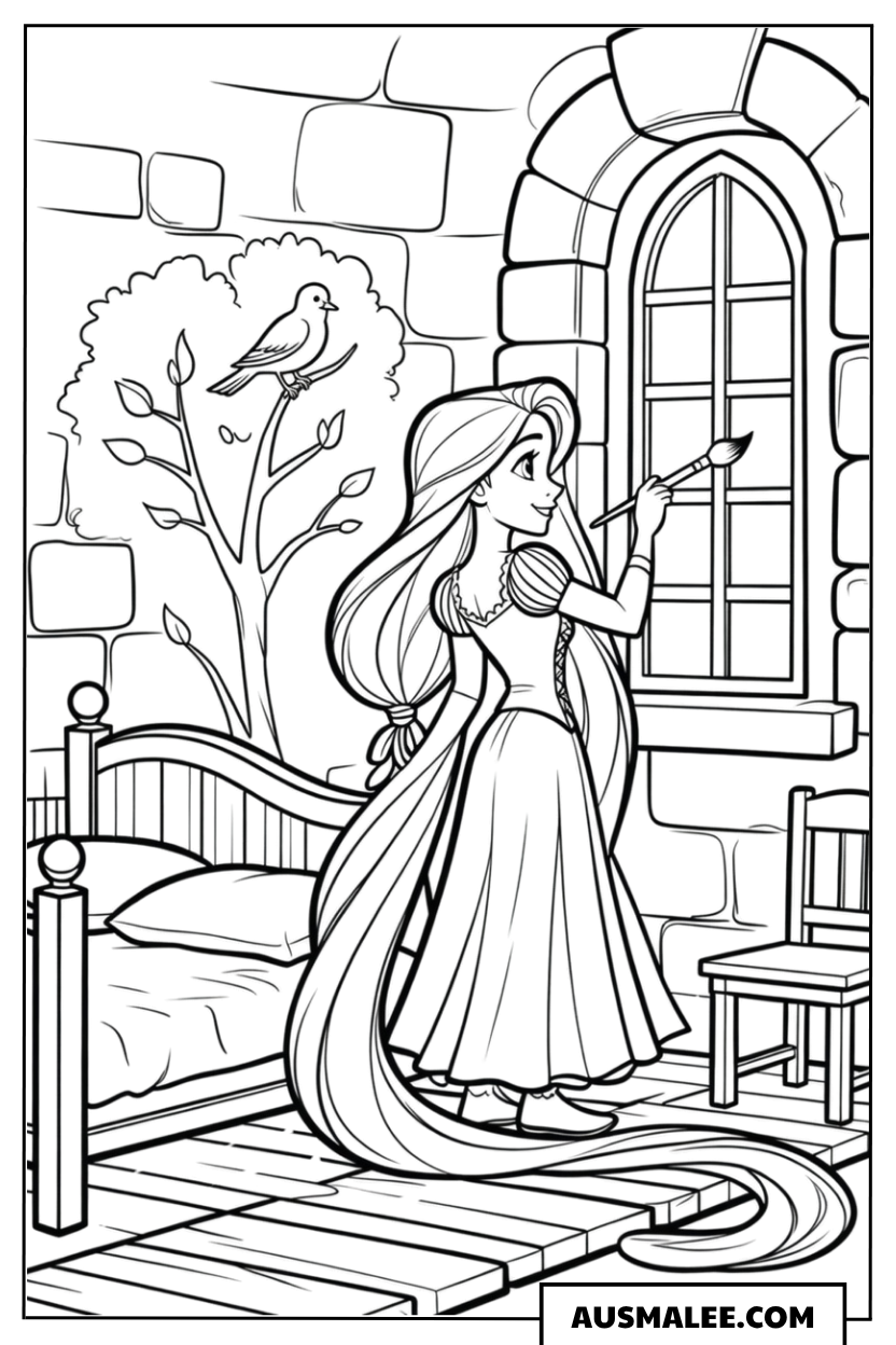 Ausmalbild Rapunzel im Turmzimmer