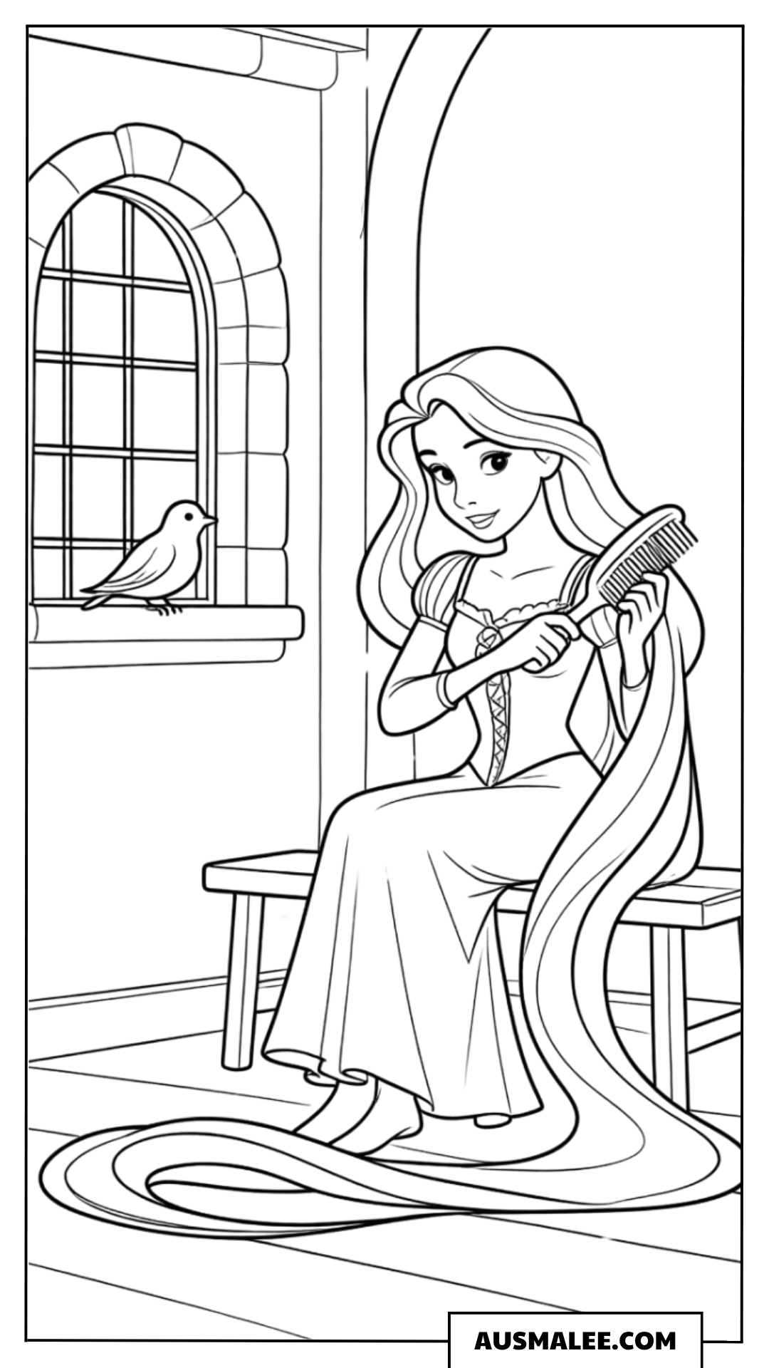 Ausmalbild Rapunzel kämmt ihr Haar im Turm