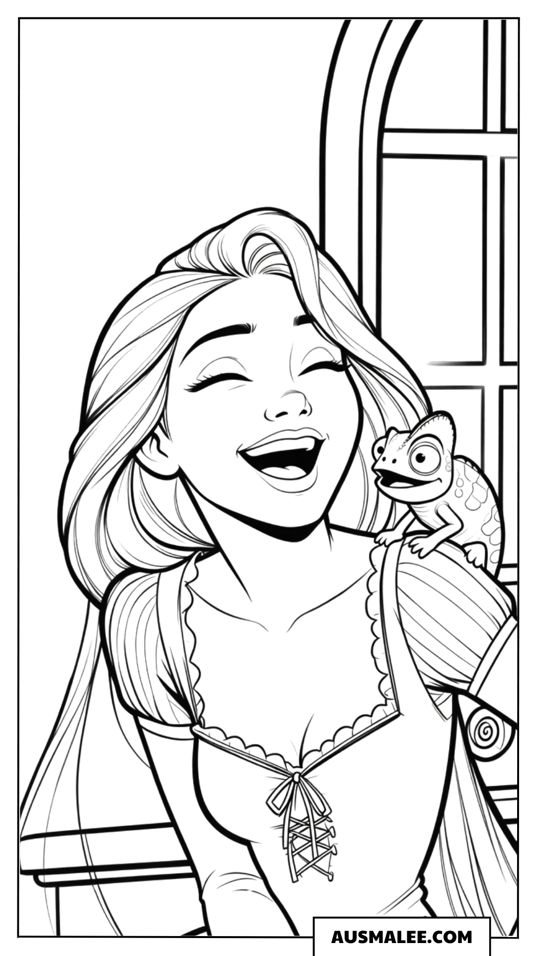 Ausmalbild Rapunzel lacht mit Pascal