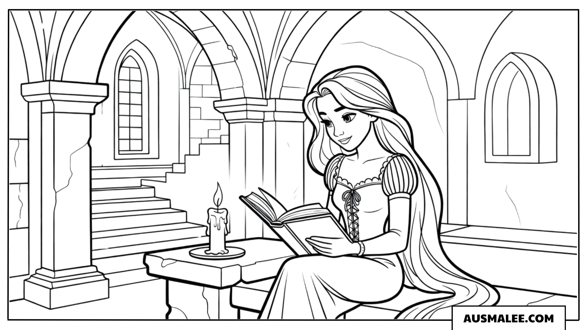 Ausmalbild Rapunzel liest ein Buch