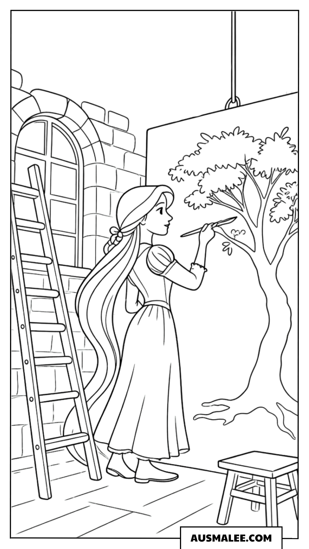 Ausmalbild Rapunzel malt ein Bild