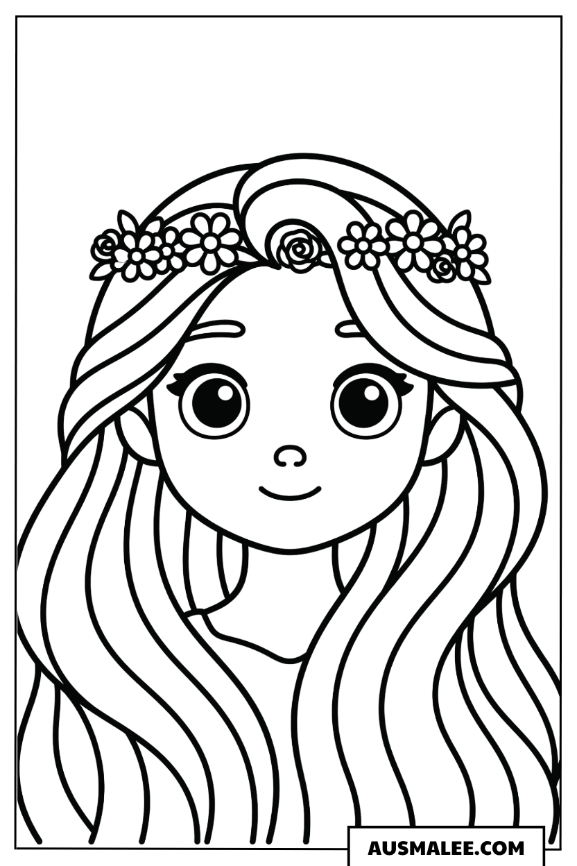 Ausmalbild Rapunzel mit Blumenkranz