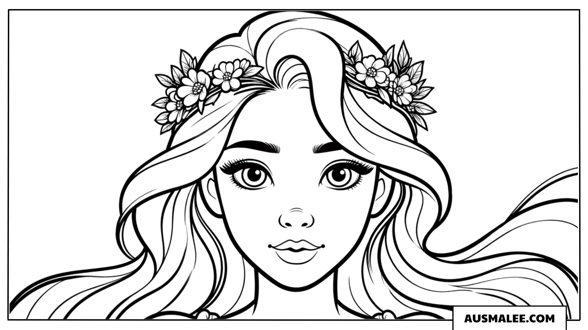 Ausmalbild Rapunzel mit Blumenkranz