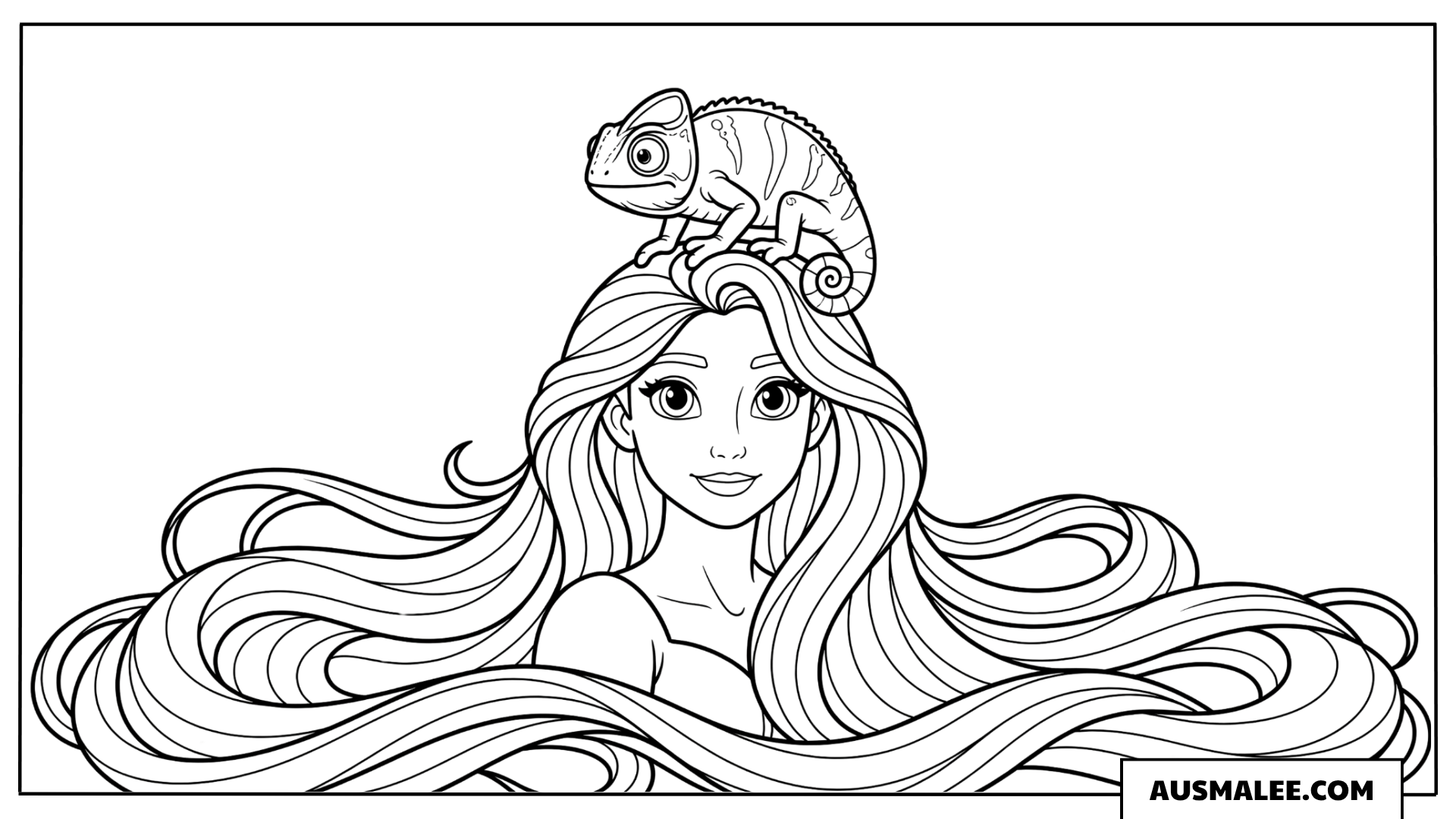 Ausmalbild Rapunzel mit Pascal auf dem Kopf