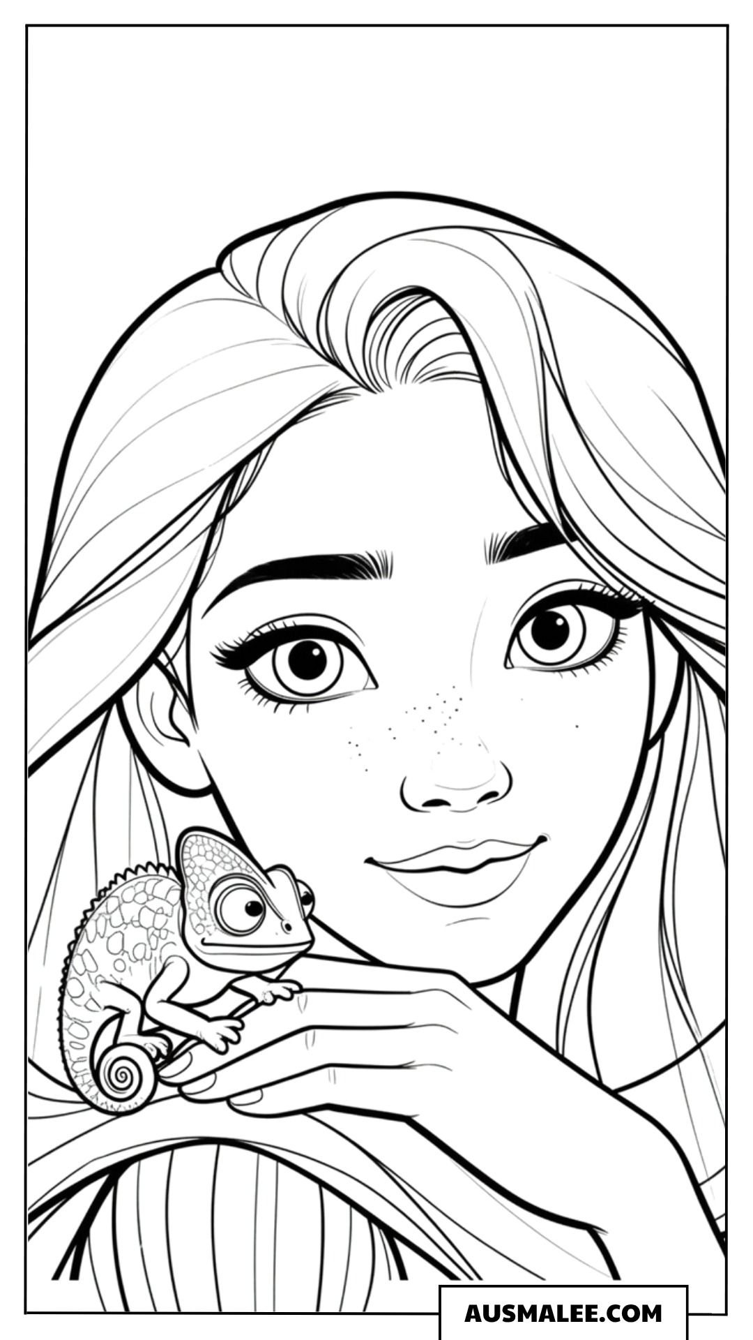 Ausmalbild Rapunzel mit Pascal auf der Hand