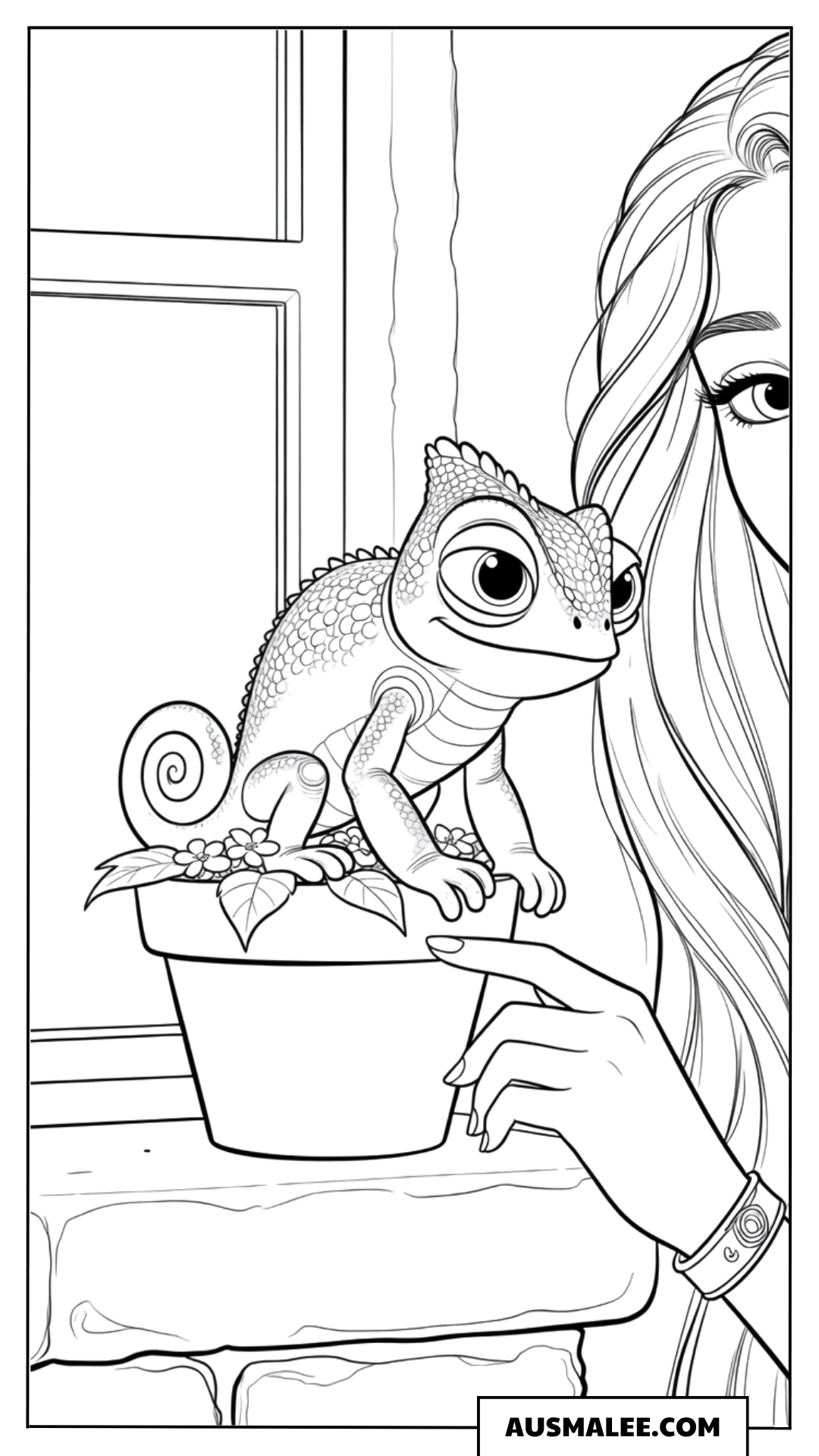 Ausmalbild Rapunzel mit Pascal im Topf