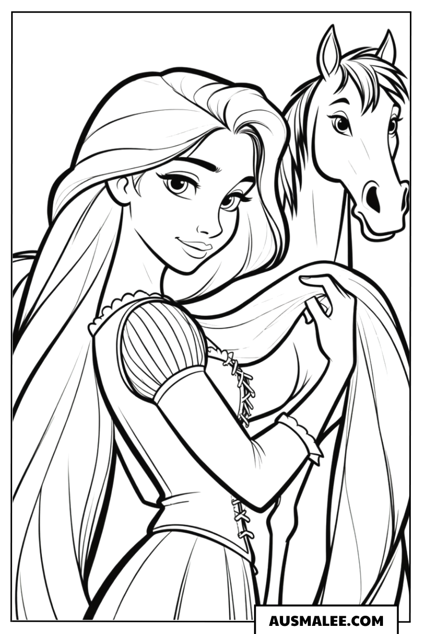 Ausmalbild Rapunzel mit Pferd Maximus