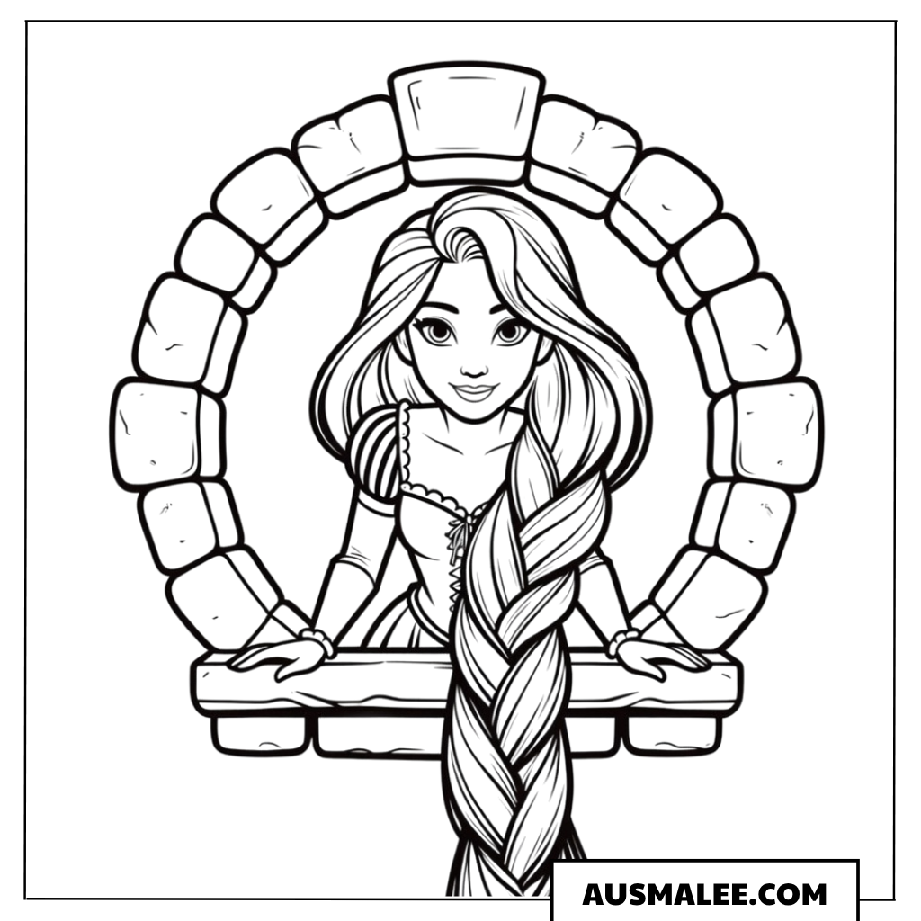 Ausmalbild Rapunzel mit Zopf am Fenster