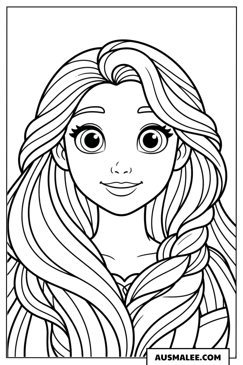 Ausmalbild Rapunzel mit Zopf und großem Lächeln