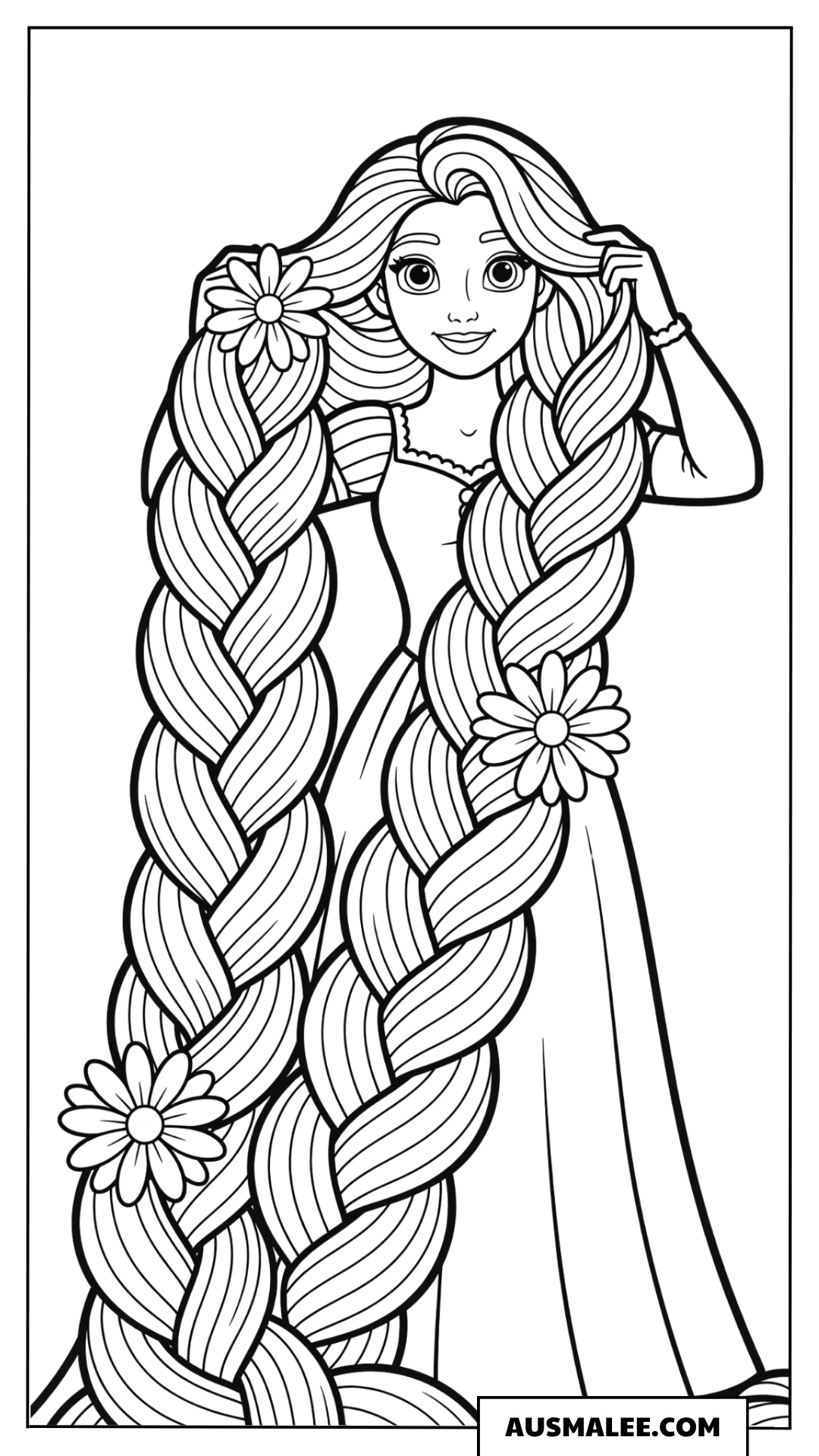 Ausmalbild Rapunzel mit dickem Zopf und Blumen