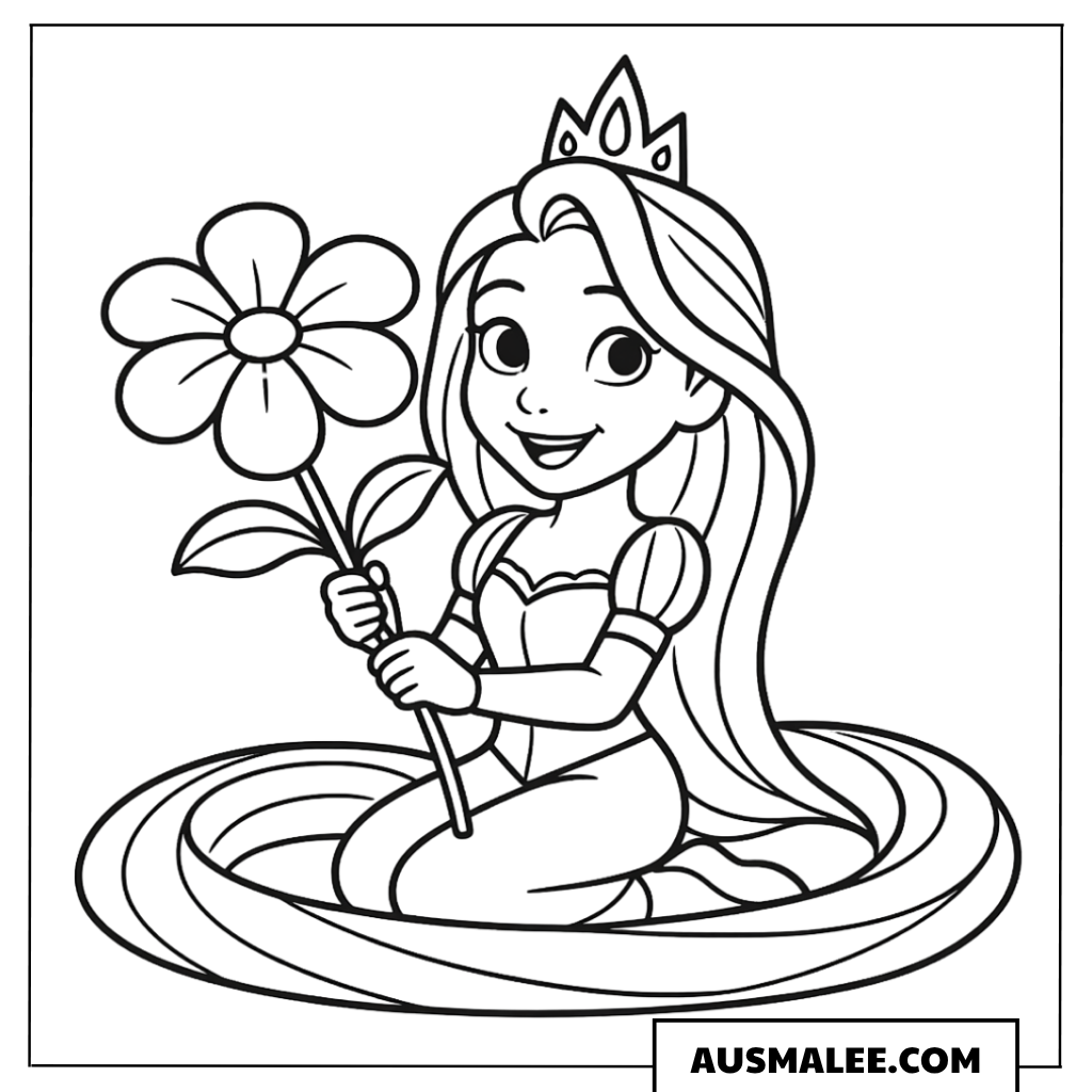 Ausmalbild Rapunzel mit großer Blume und Krone