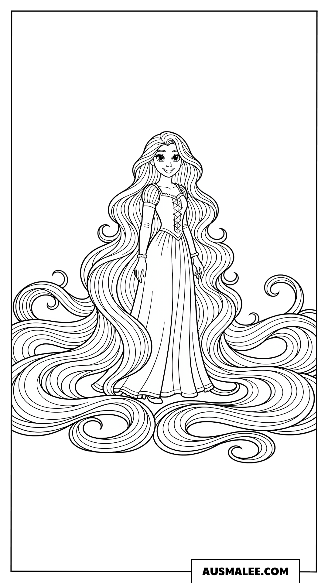 Ausmalbild Rapunzel mit langem fließendem Haar
