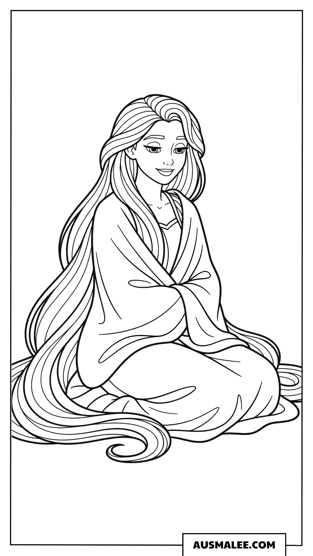 Ausmalbild Rapunzel sitzend mit langem Haar