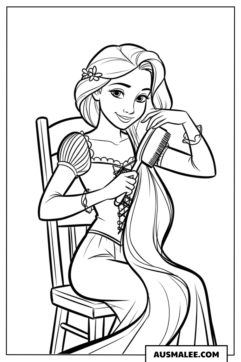 Ausmalbild Rapunzel sitzt auf dem Stuhl