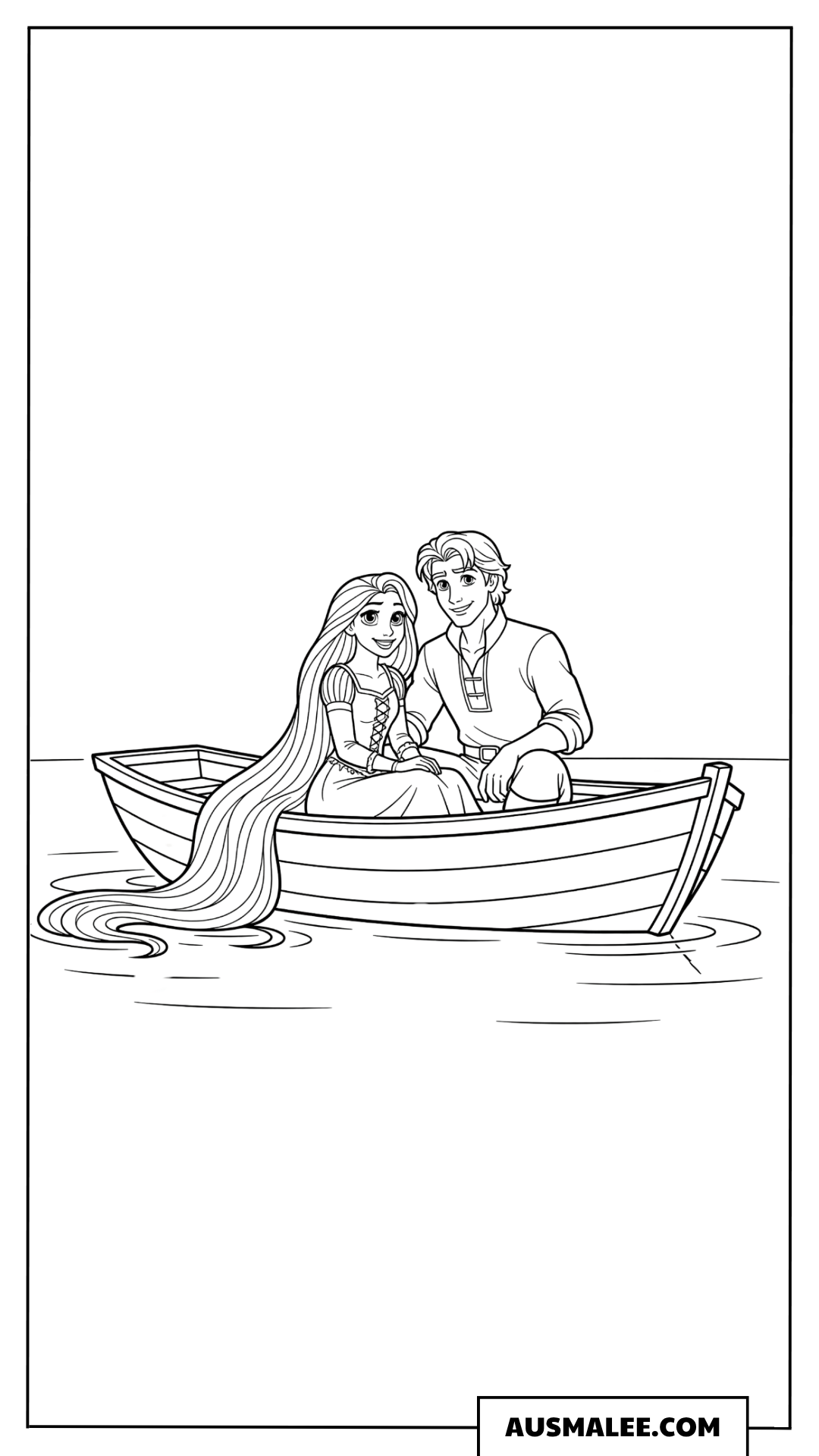 Ausmalbild Rapunzel und Flynn im Boot