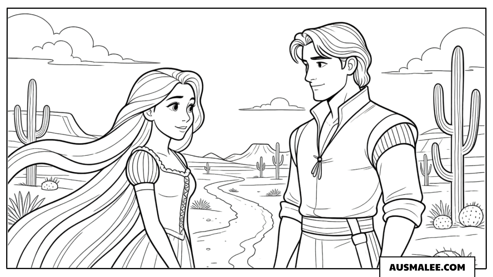 Ausmalbild Rapunzel und Flynn in der Wüste
