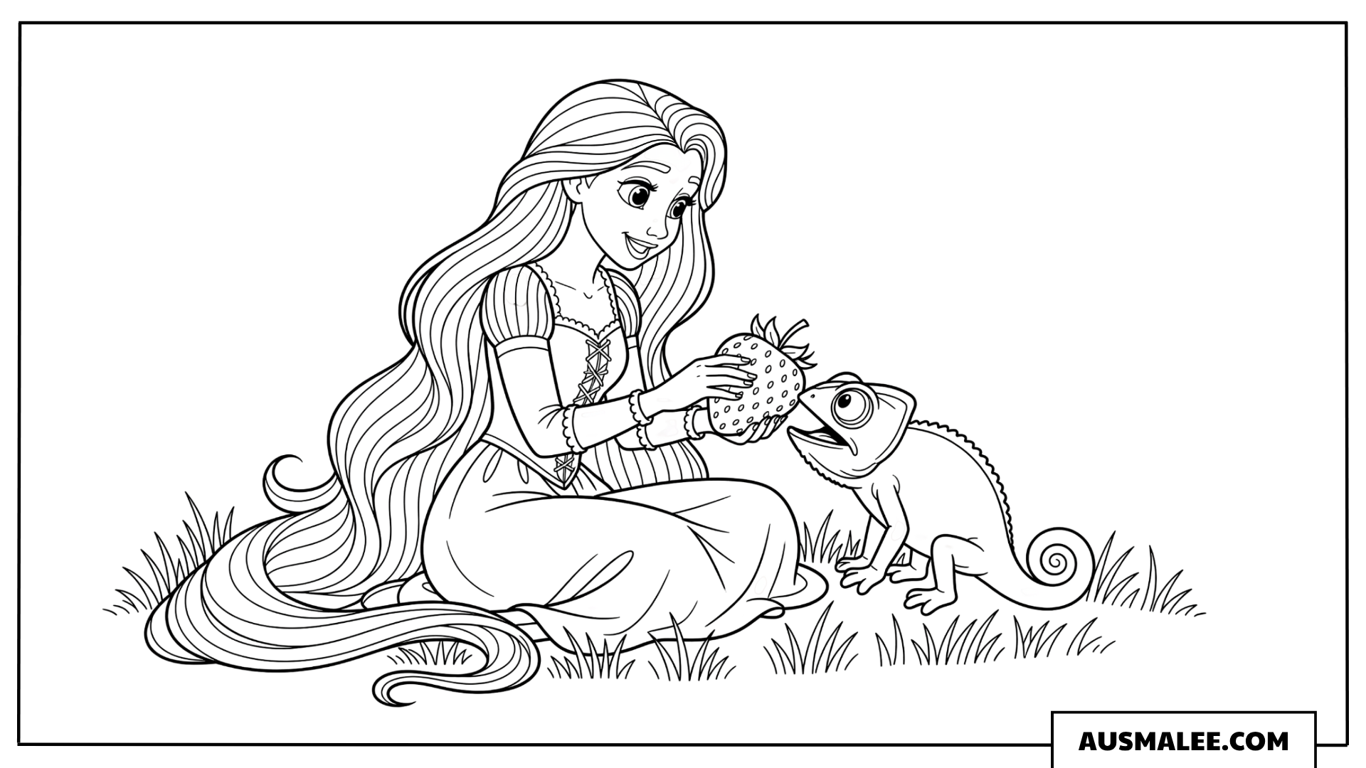 Ausmalbild Rapunzel und Pascal im Gras