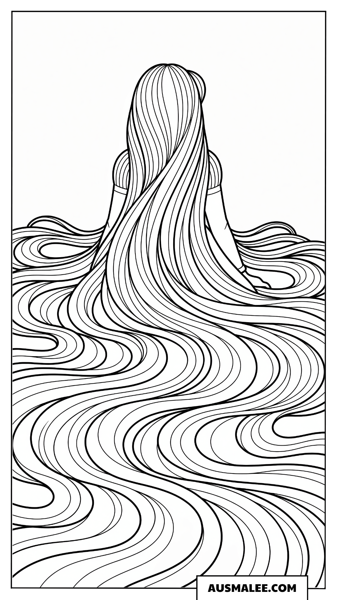 Ausmalbild Rapunzel von hinten mit langem Haar