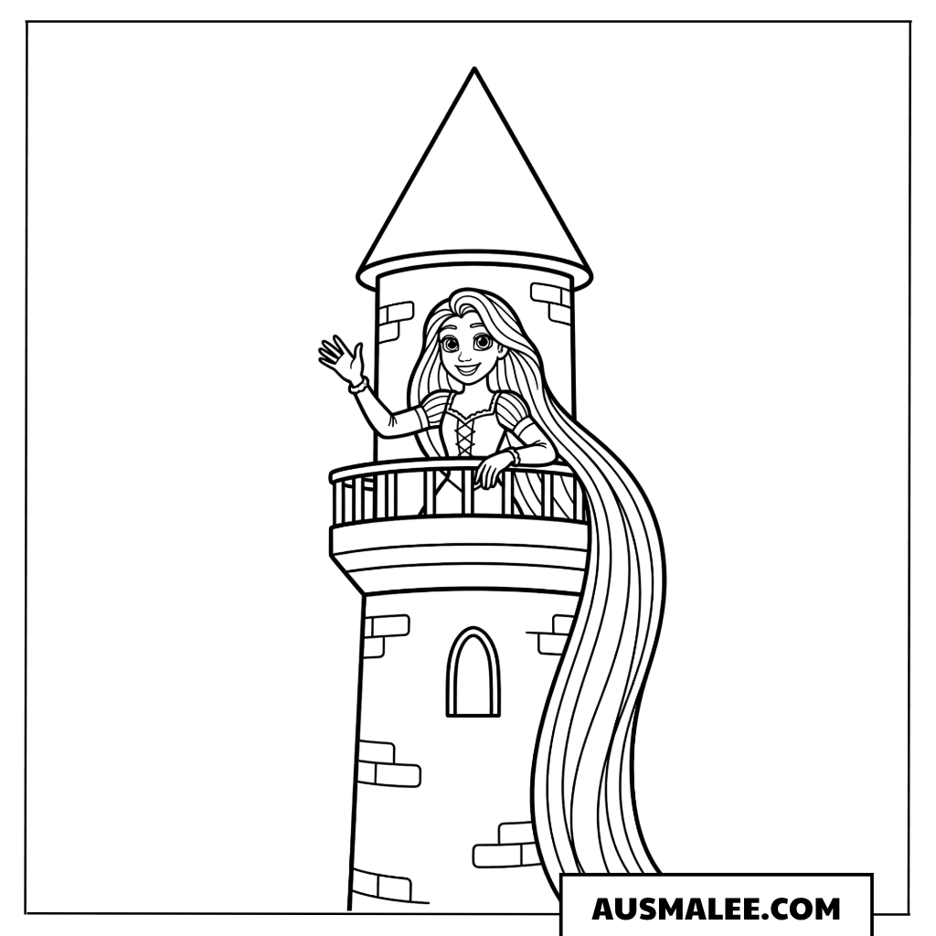 Ausmalbild Rapunzel winkt vom Turm