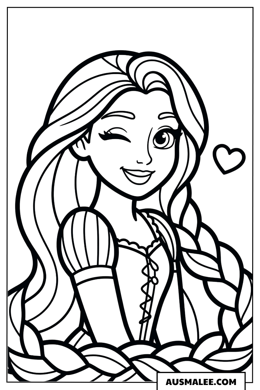 Ausmalbild Rapunzel zwinkert mit Herz