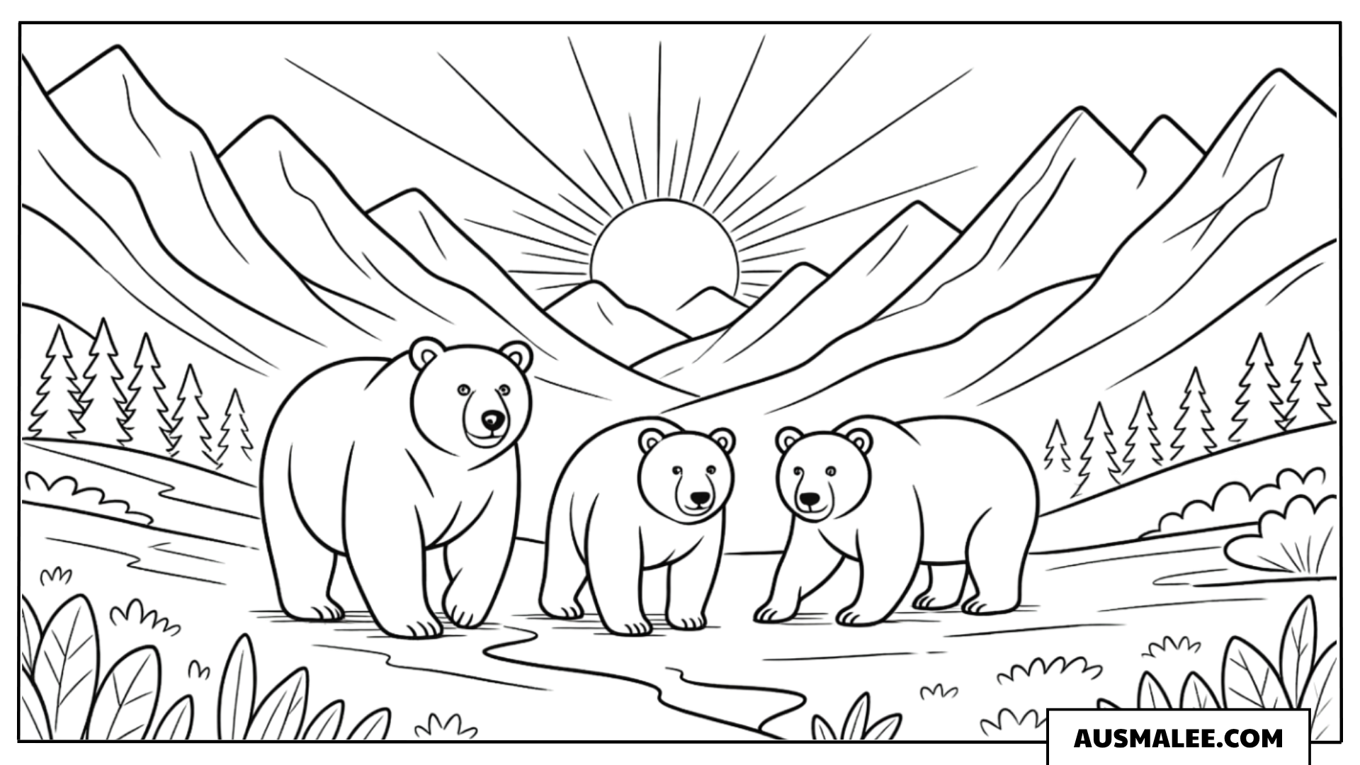 Ausmalbild Realistische Tiere in sonnigen Landschaften mit Bären