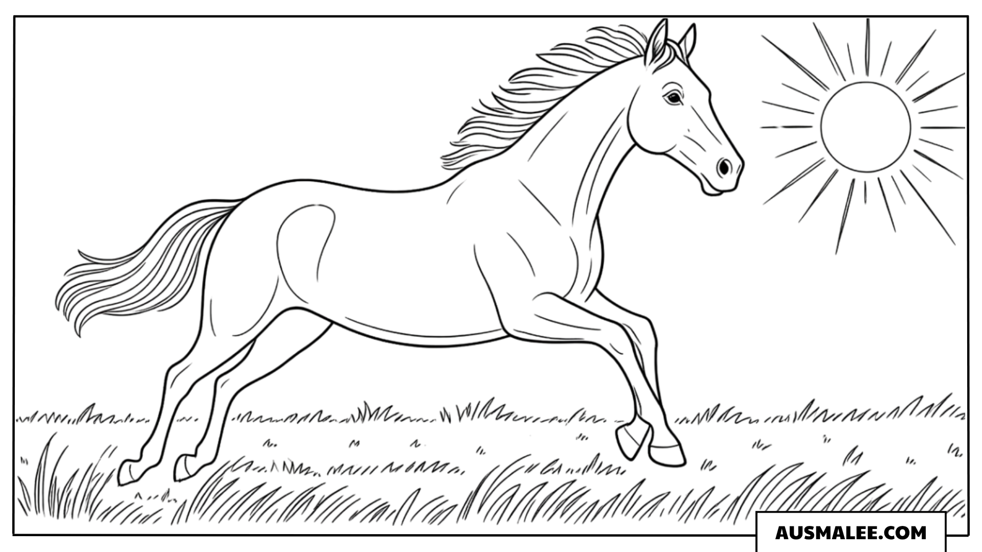 Ausmalbild Realistische Tiere in sonnigen Landschaften mit Pferd