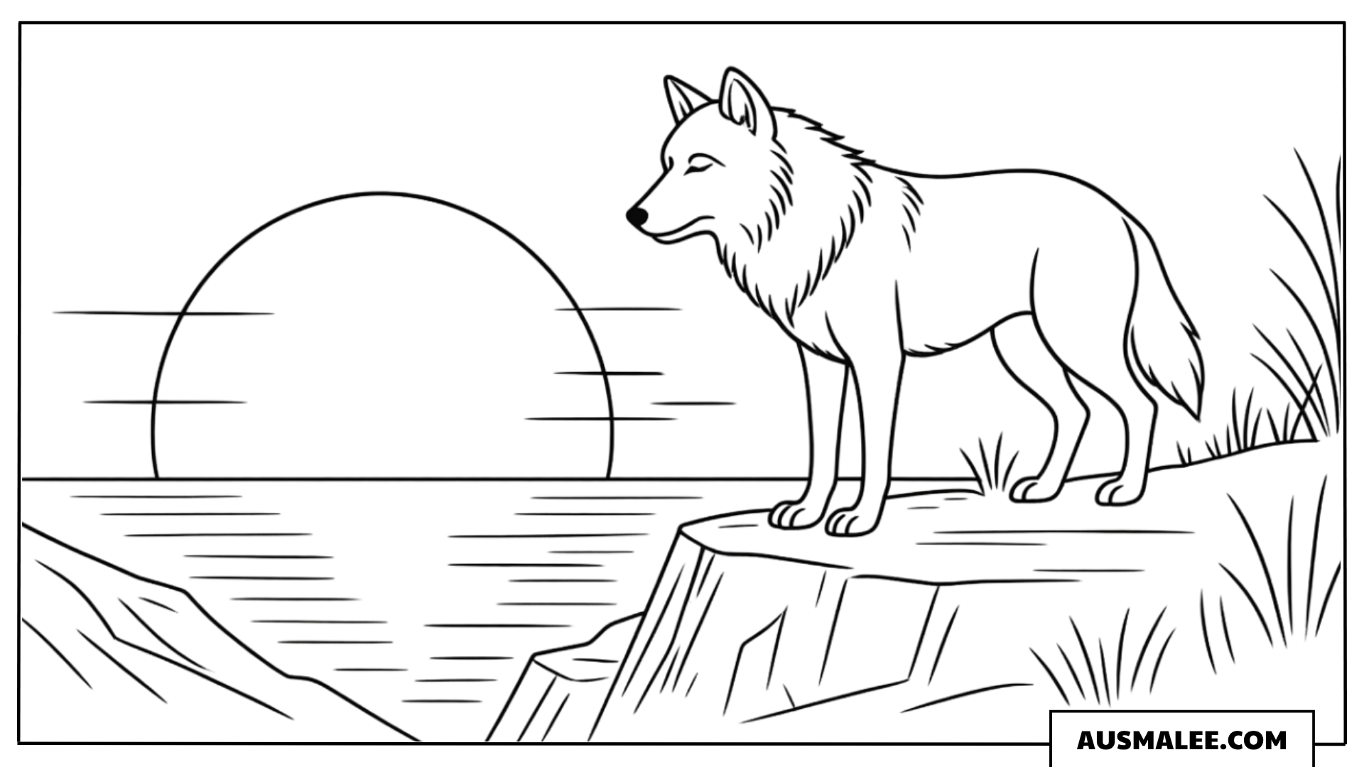 Ausmalbild Realistische Tiere in sonnigen Landschaften mit Wolf