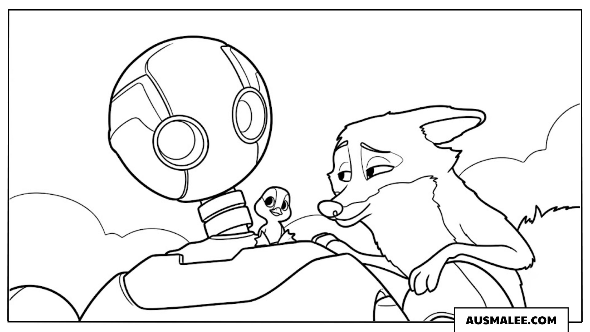 Ausmalbild Roz, Brightbill und Fink unterhalten sich in Der wilde Roboter