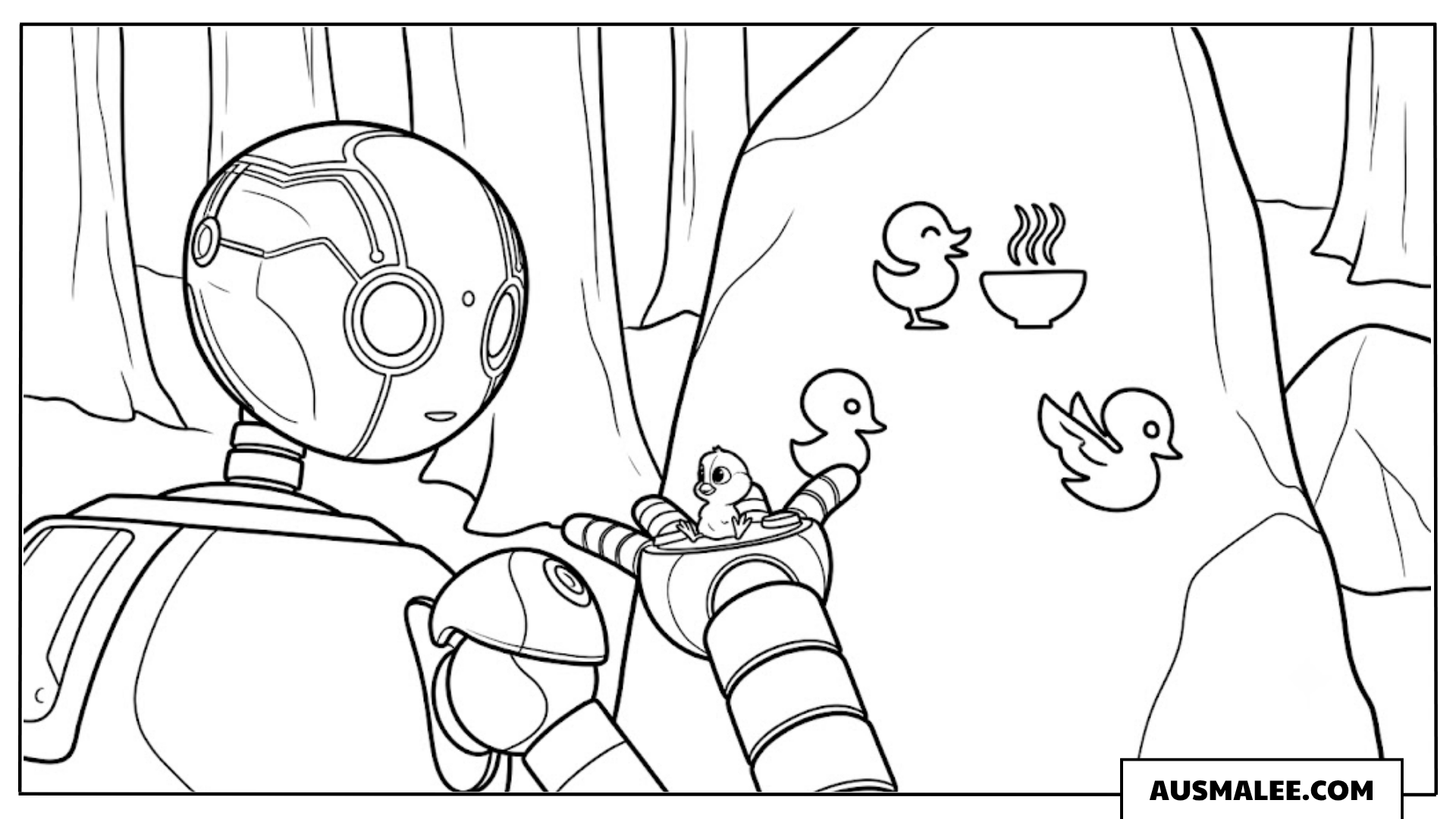 Ausmalbild Roz lernt Brightbill zu versorgen in Der wilde Roboter