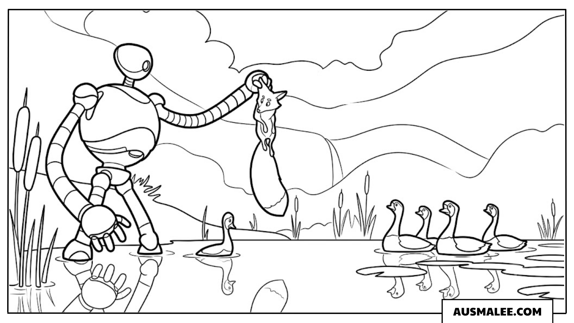 Ausmalbild Roz rettet Fink aus dem Wasser in Der wilde Roboter