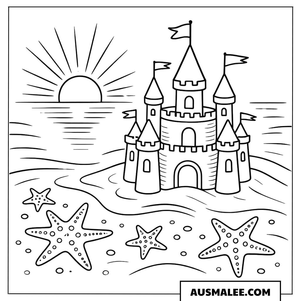 Ausmalbild Sandburg am Strand mit Sonne