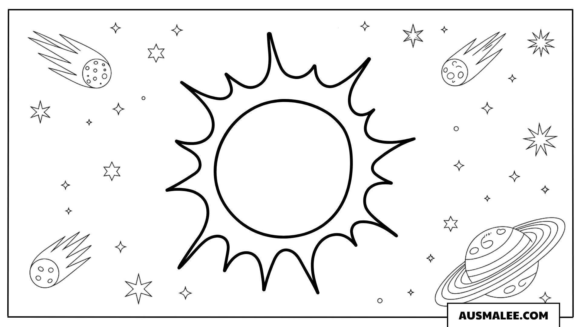 Ausmalbild Sonne im Weltraum mit Planeten und Kometen