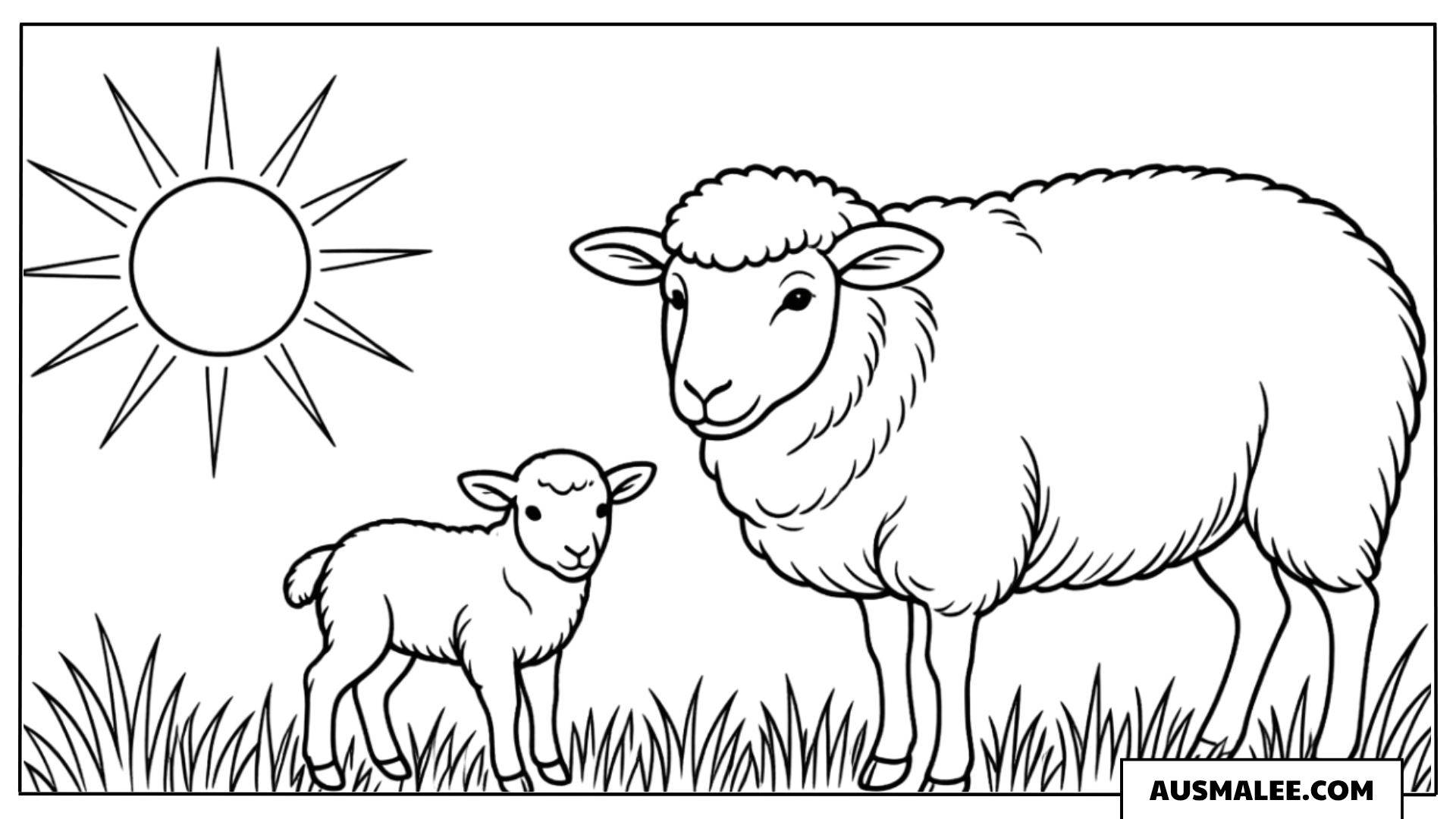 Ausmalbild Sonne mit Schaf und Lamm