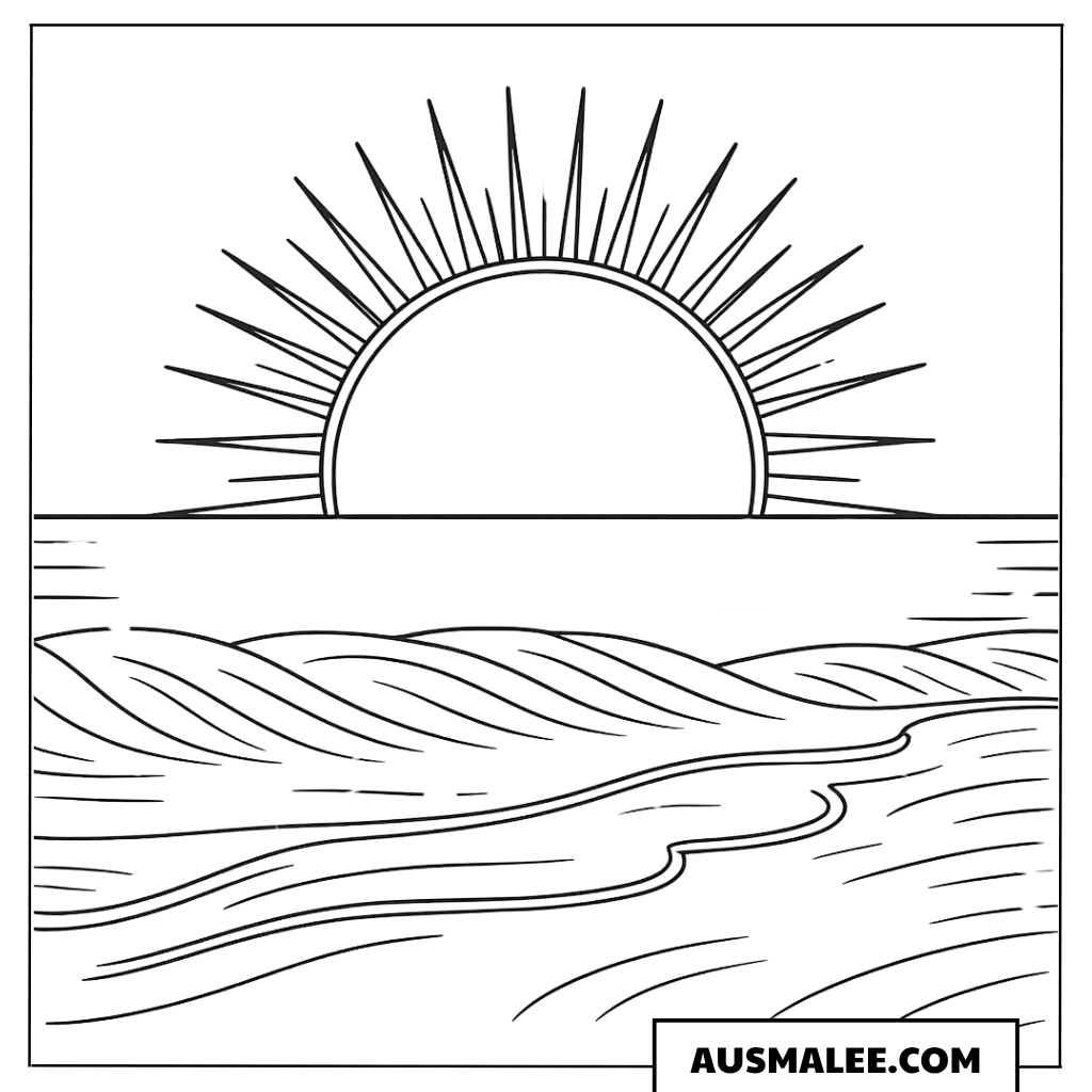 Ausmalbild Sonne mit Schafen auf der Wiese
