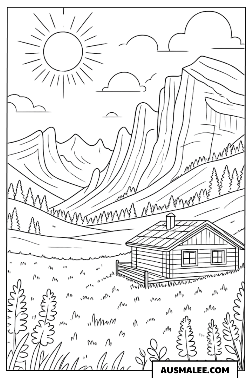 Ausmalbild Sonne über Hütte in den Bergen